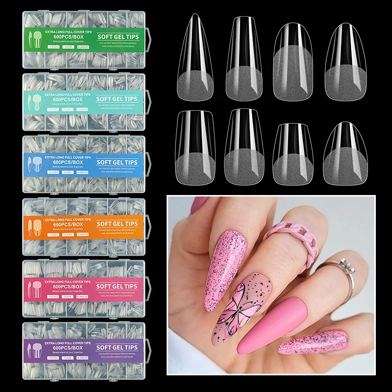 GELNAILY Factory High Quality False Nails 600pcs Customized Label Nail Extension Kit French Soft Gel Tips Finger Wholesale