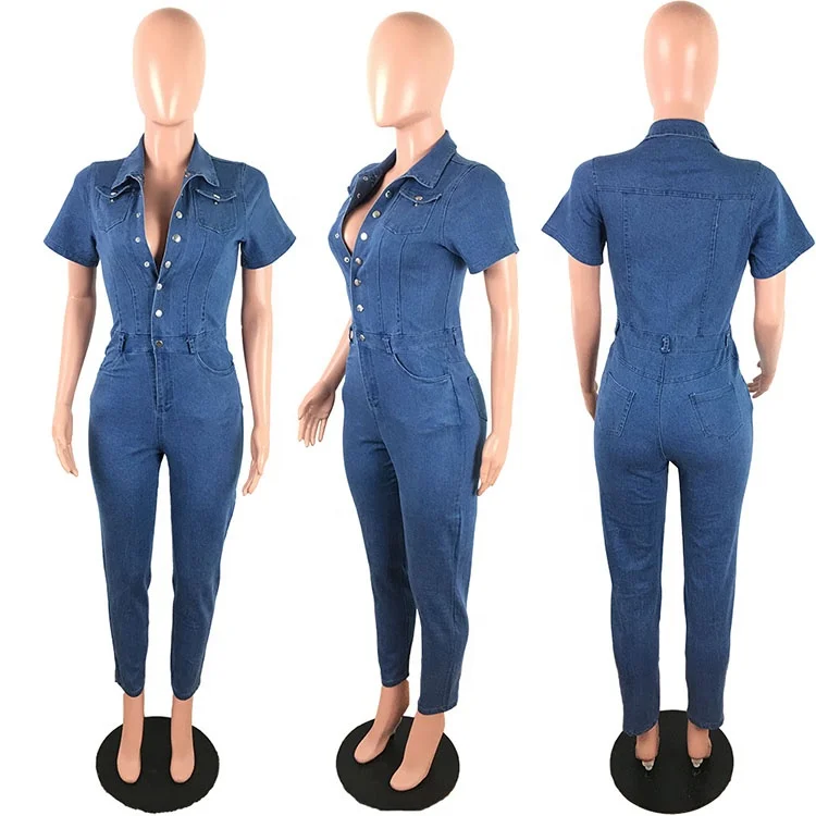 D2323 Amazon Product High Quality Popular Summer Casual Solid Color Short Sleeve Long Jeans Buttons Women Denim Jumpsuit