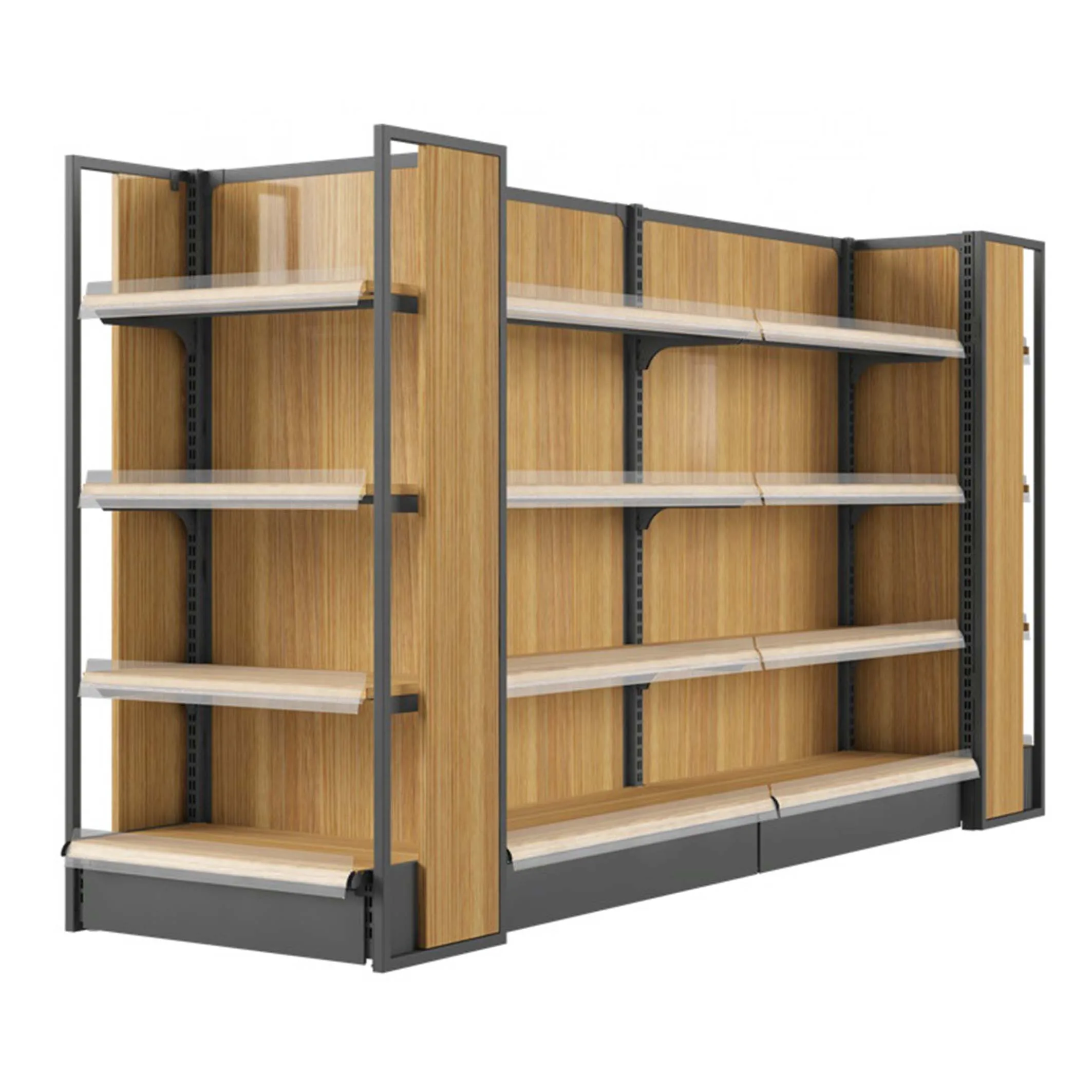 Low Price Gondolas Madera Tienda For Shopping Mall Wooden And Metal Supermarket Shelves