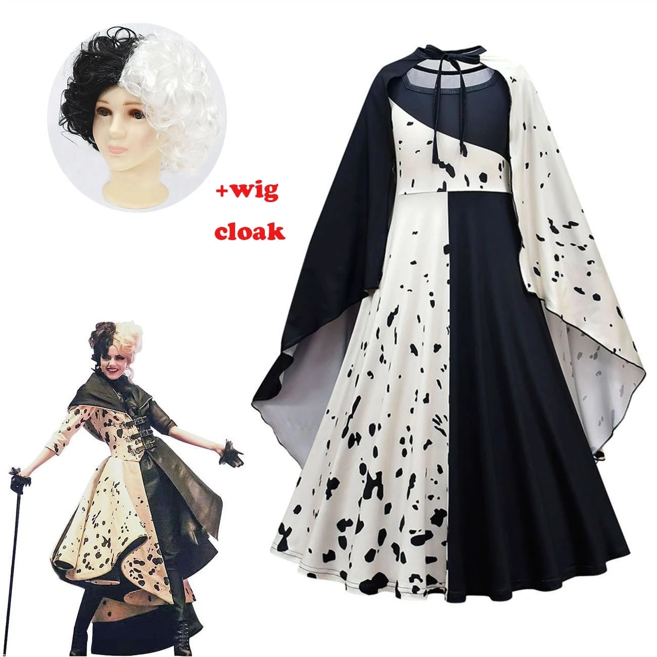 Костюм горничной Cruella De Vil для косплея детское черно-белое платье в горошек жакет Хэллоуина