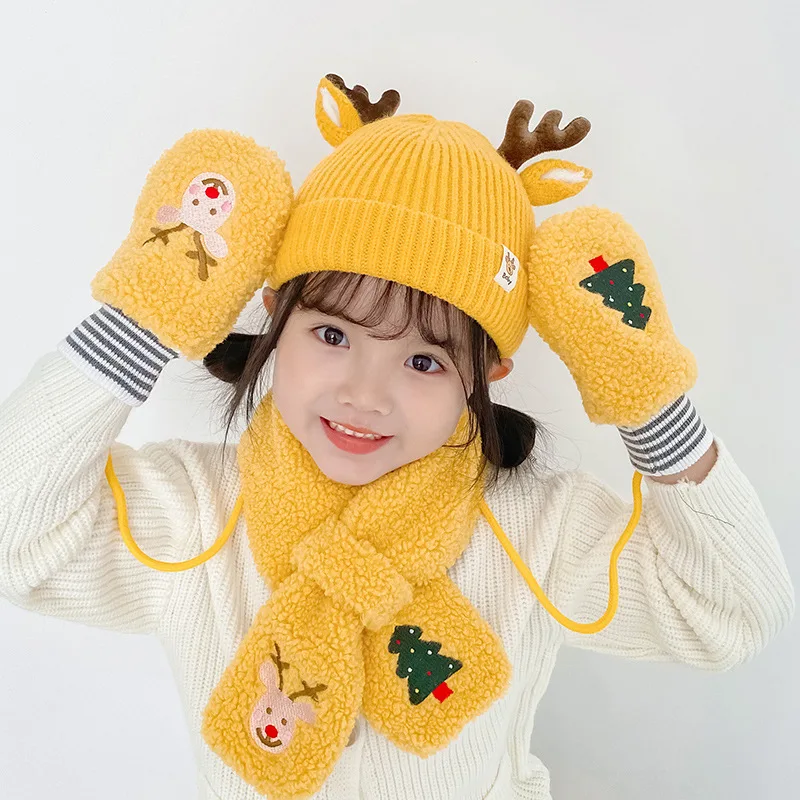 Baby Cashmere Hat and Scarf Sets Christmas Tree Mittens Gloves Kawaii Beanie for Boys Girls Knitted Antlers Headwear Child Hats