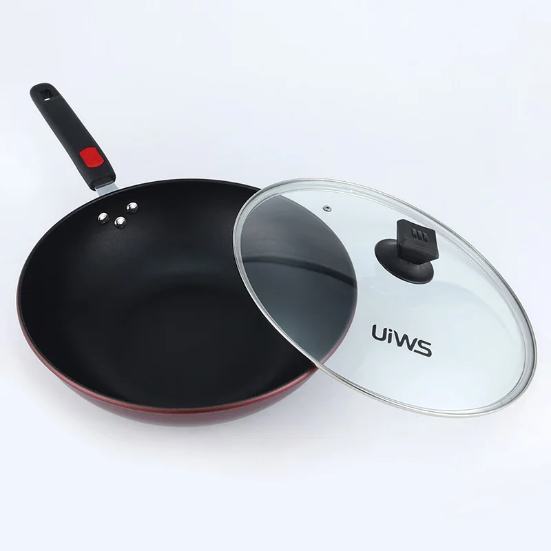 32cm High Quality Non-Stick Steel Wok Chinese Style Induction-Friendly Frying Pan with Glass Lid for Cooking Use On Fire