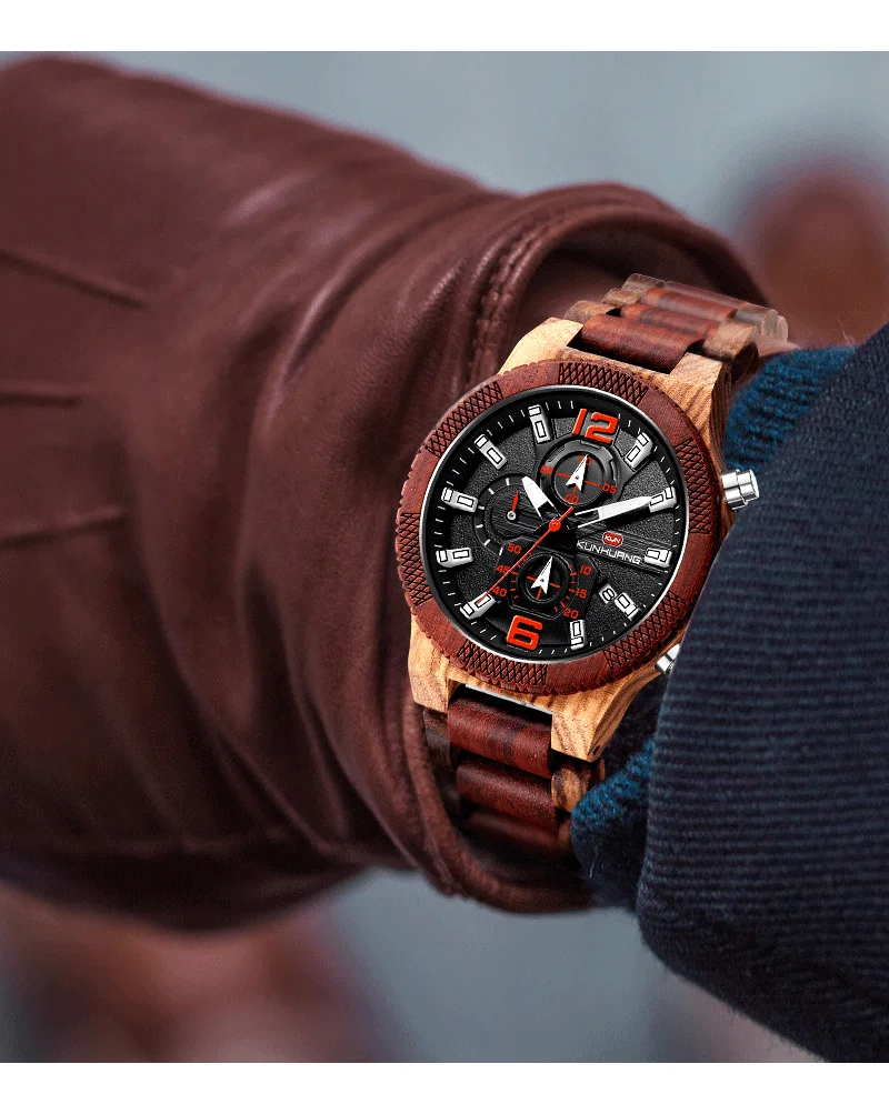  Мужские деревянные часы Kun Huang 1019 повседневные деловые для мужчин хронограф военные кварцевые наручные