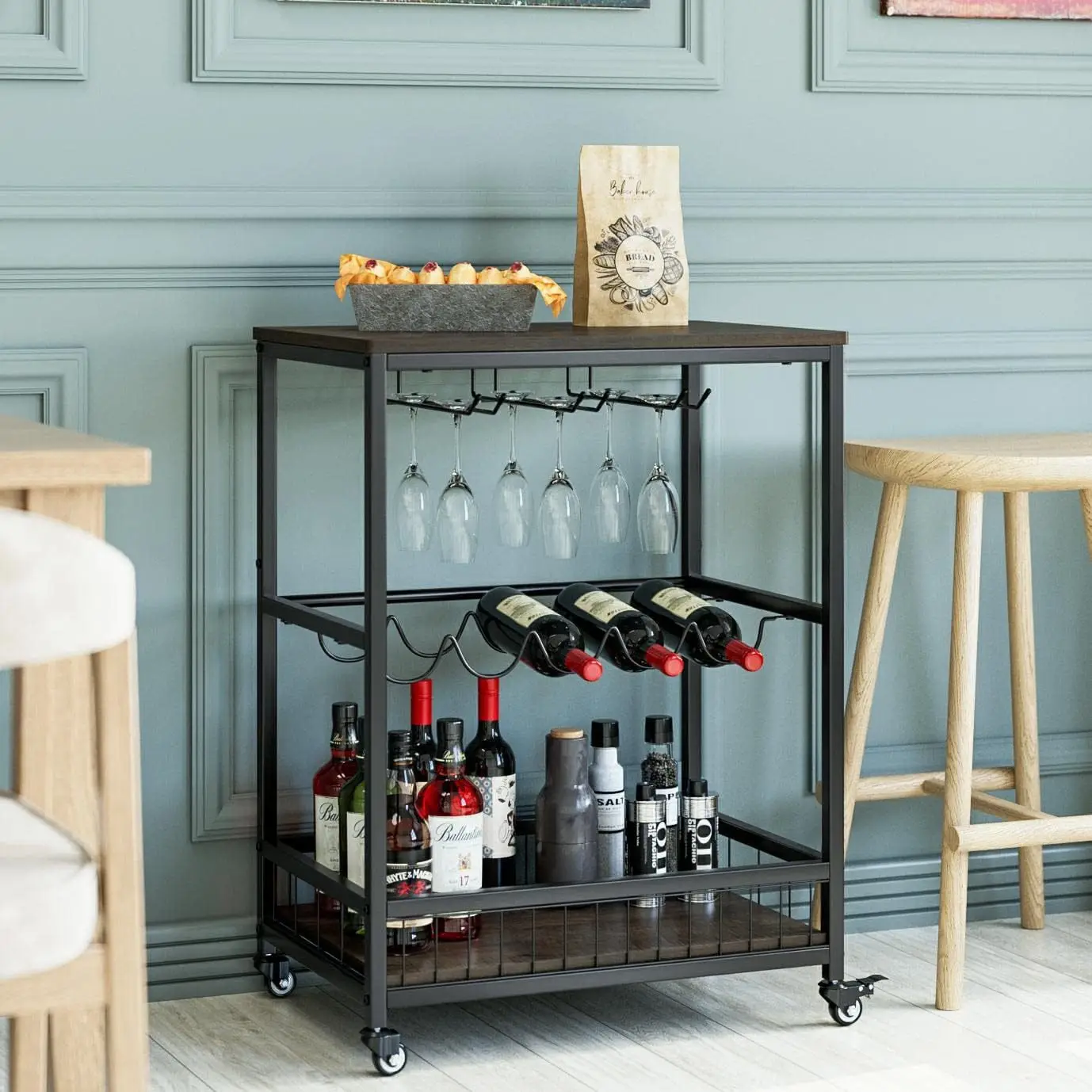 Wine Racks and Glass Holders Kitchen Rolling Wine Beverage Serving Cart Wine Bar Cart
