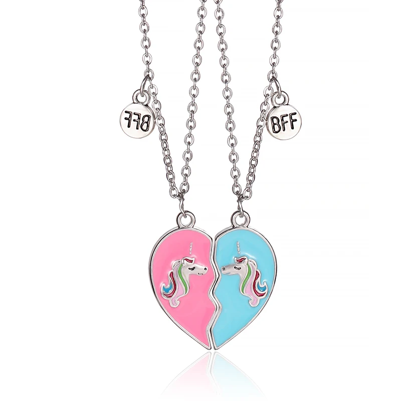 New 2 Pieces Best Friends Matching Necklace Cute Birthday Gifts Pink Blue Half Heart Necklace BFF Friendship Necklace for 2