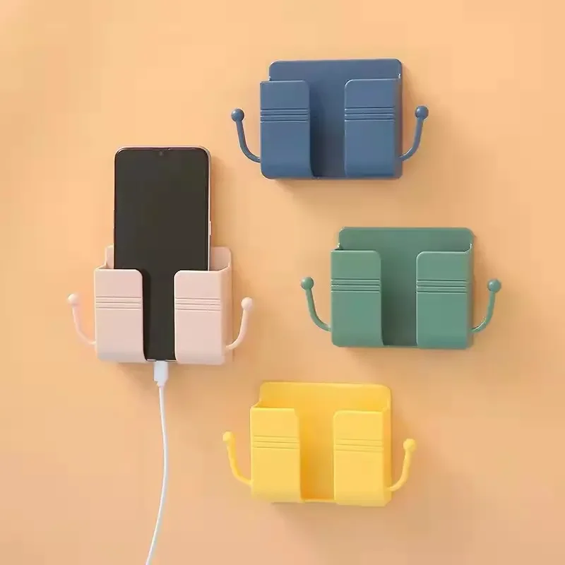 Wall-mounted mobile phone holder universal plastic storage box remote control holder mobile phone with hook charging stand