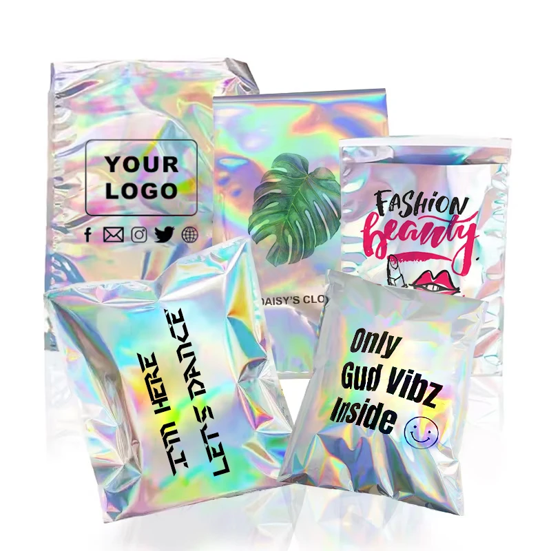 Custom design logo self adhesive aluminum foil glitter logistics envelopes mailing bag holographic poly mailers for clothes