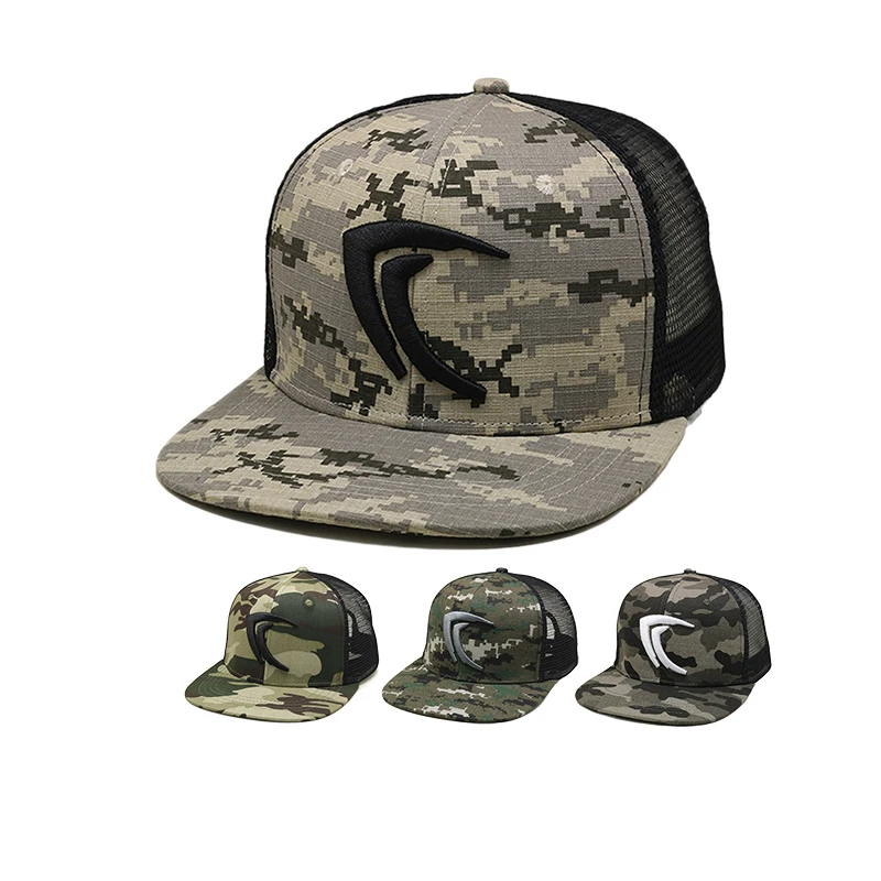 Wholesale Custom Camo Patch Flat Bill Snapback 3d Embroidery Mens Tactical Trucker Hat