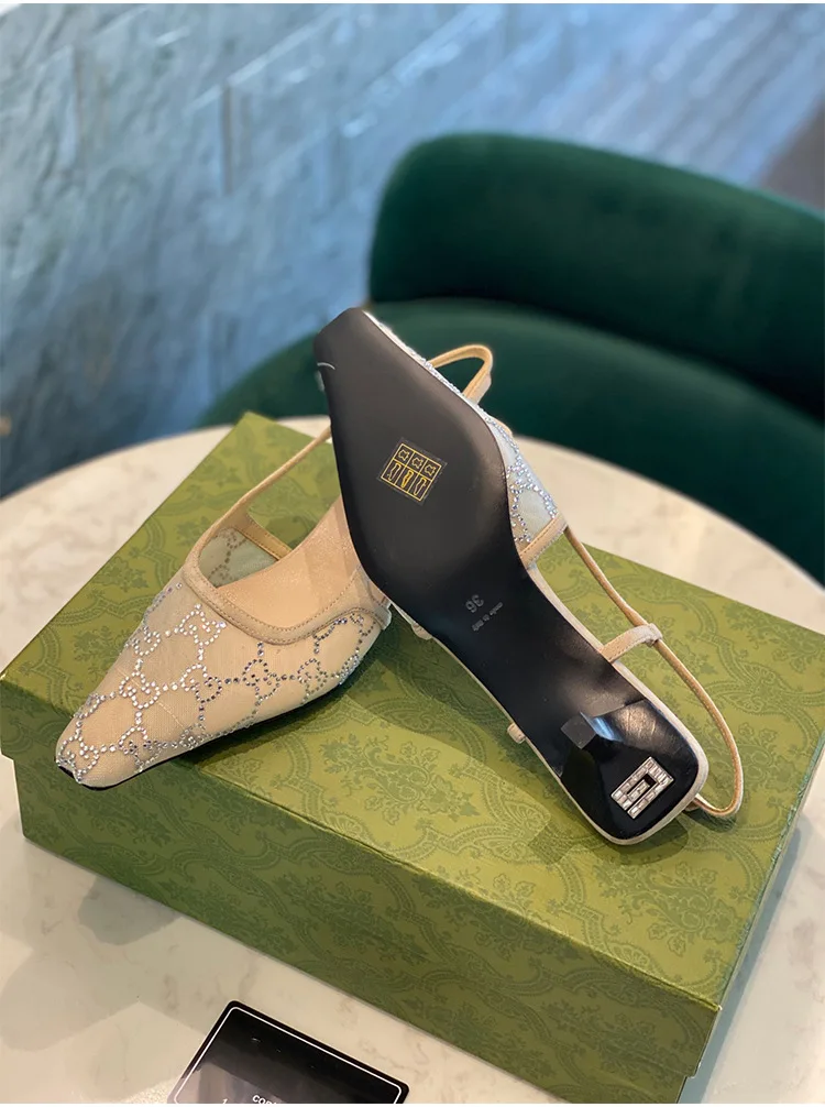 2024 Spring/summer new sexy square mesh hot water diamond and square heel sandal lady