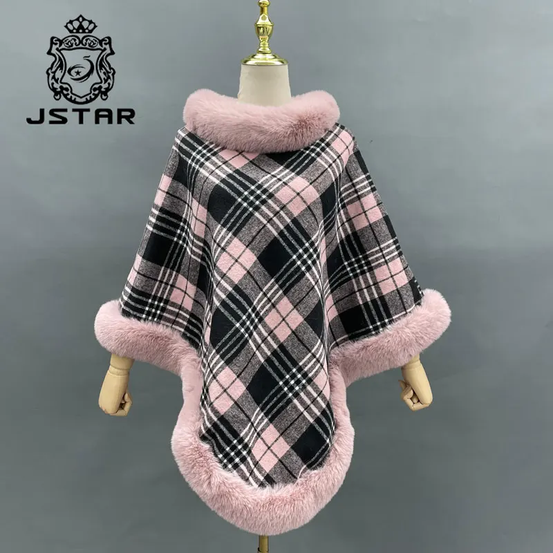 Cheap fur trim cape triangle shape plaid shawl winter trendy pink cloak