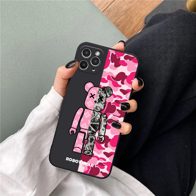 ROBOT Bear Phone Case for iPhone 14 13 Pro 12 11 Pro Xs X XR Max 8 7 SE with Cloth Silicone Cases Soft Back Cover