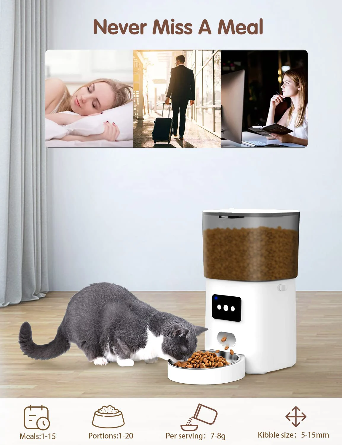 4L WiFi Timed Dry Food Dispenser with App Control Voice Recorder 304 Stainless Steel Bowl Low Food Alarm Dog Automatic Feeder