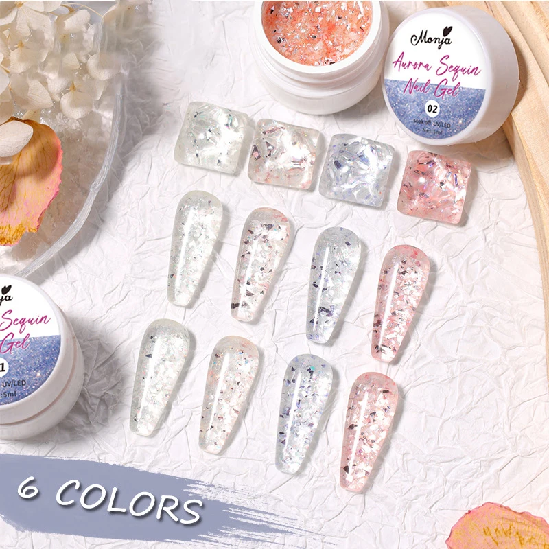 Popular 5ml Mica Seashell Gel Polish Set Cruelty Free High Pigment Glitter Flake Aurora Shell Glitter Gel Nail Polish OEM ODM