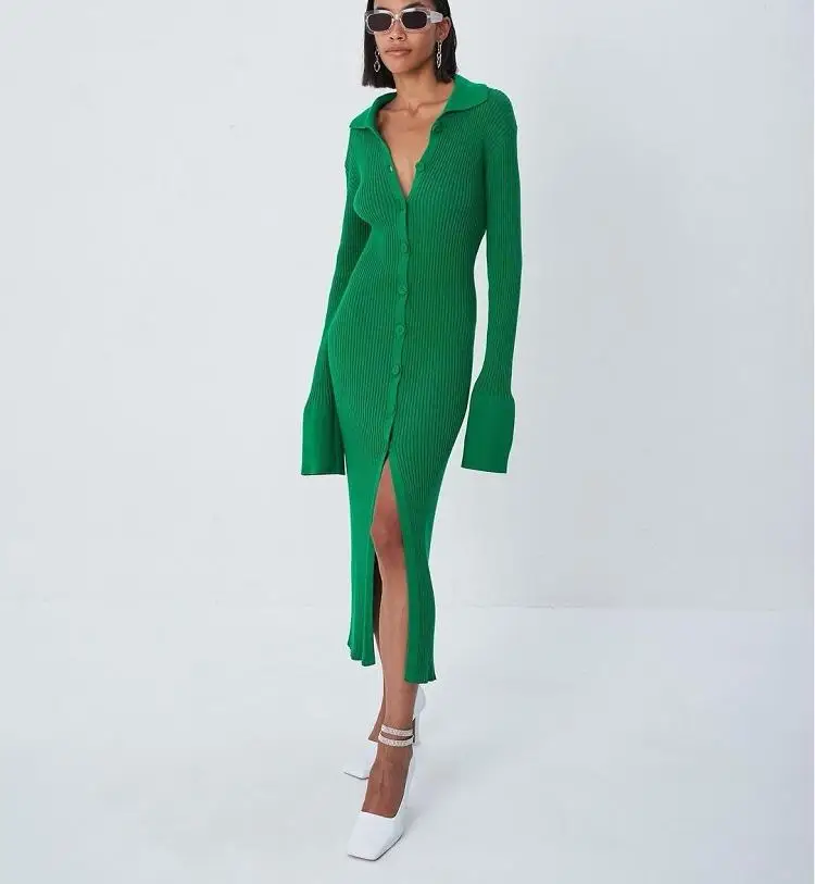 new sexy fall and winter clothing women tight long sleeve polo collar botton down midi elegant bodycon slit sweater dress
