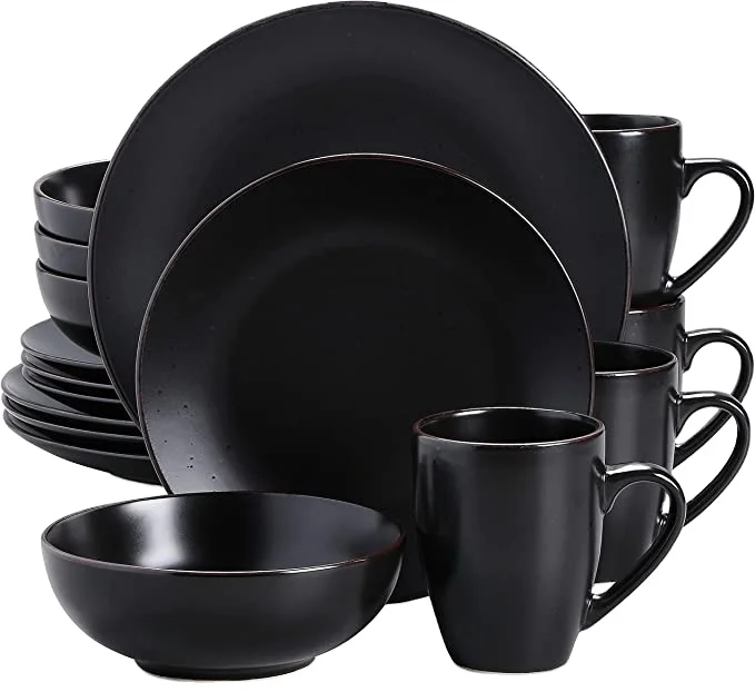 Soho Stoneware Square Dinner Set Black 16 Piece Kitchen Dinnerware Service Plate Crockery Set with 16 Pieces