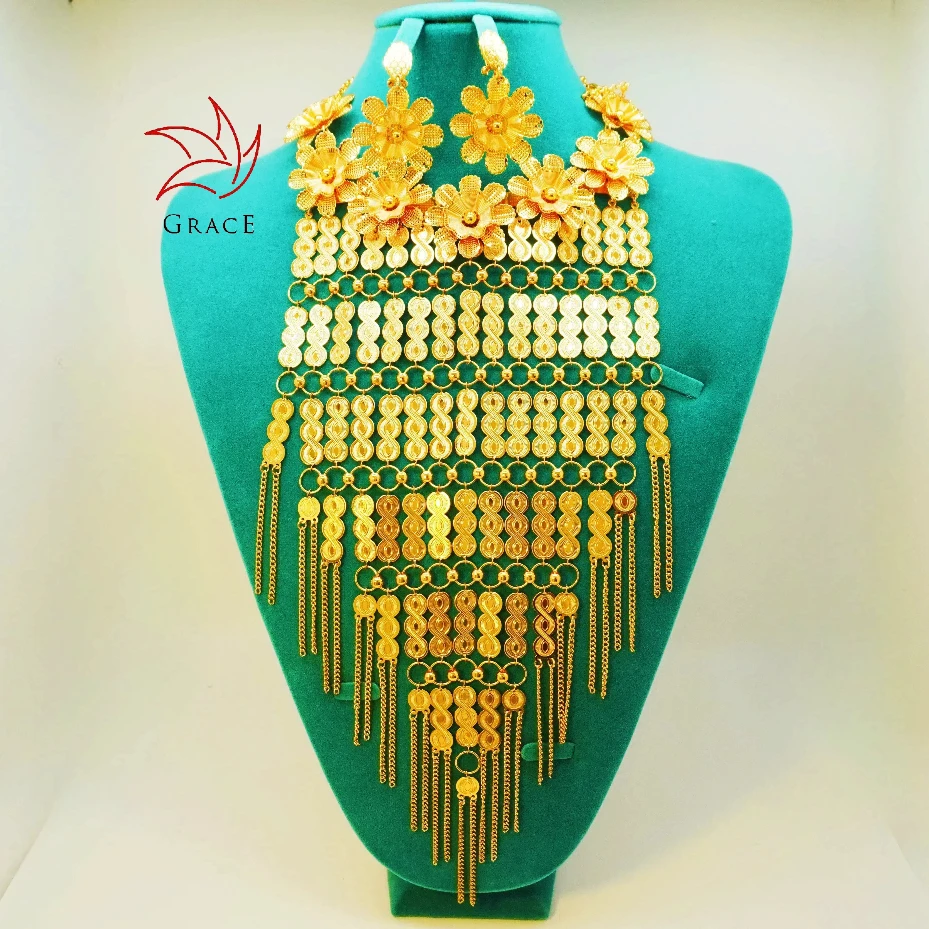 Grace Gothic Jewelry Flower Wedding Jewelry sets Wholesale Vintage jewelry Suppliers Nigerian Dubai gold Necklace Sets for Party