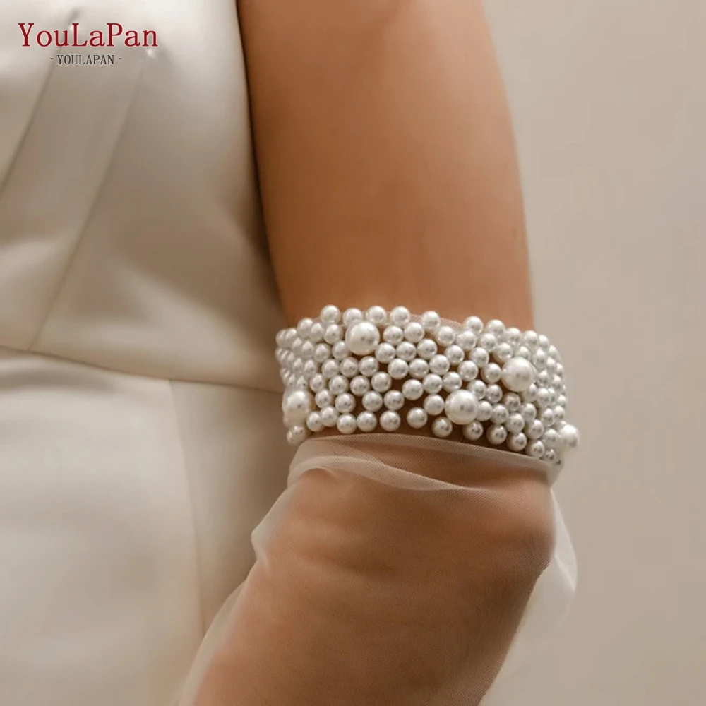 YouLaPan VM01-A Bachelor Party Accessories Clear Mesh Wedding Gloves Pearl Elbow Length Full Finger Bridal Gloves