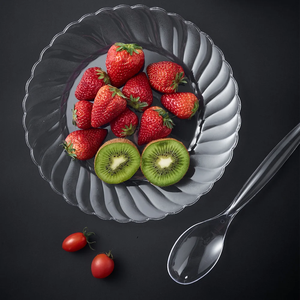 High quality wholesale cheap food grade plastic disposable transparent kitchen food snack fruit serving tray for promotion