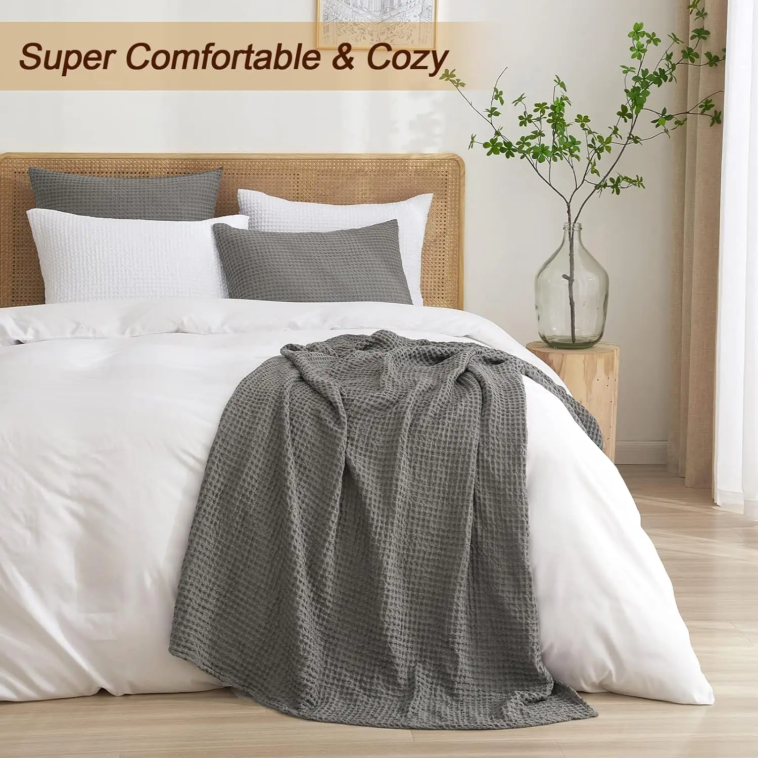 Cloudland Waffle Weave Throw Blanket Super King Size Waffle Blankets 100% Cotton Waffle Weave Blanket
