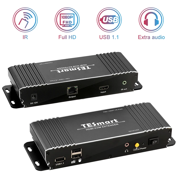 TESmart 70M HDMI KVM Extender Video Transmitter and Receiver over ip 1080p60hz KVM Extender