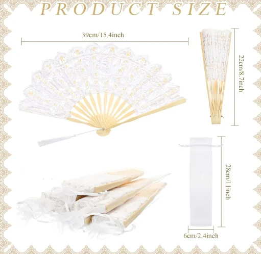 Folding Hand  Lace Fan Elegant Cotton Fan Handmade Fan with Bamboo Staves Silk Tassels for Wedding Bridal Shower Dancing Party