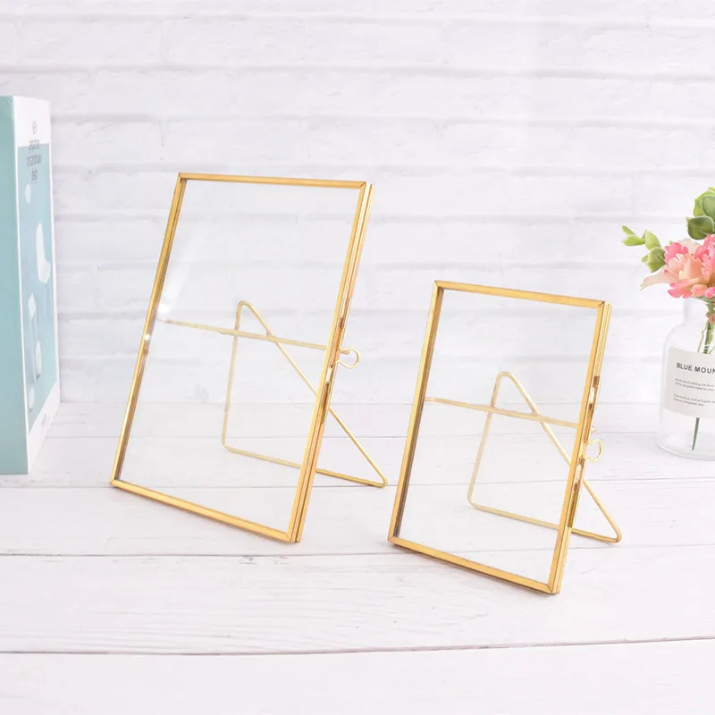 Custom Photo Frame Albums Accessories Metal 3D Glass Photo Frame Simple folding tabletop Solid Brass photo frame