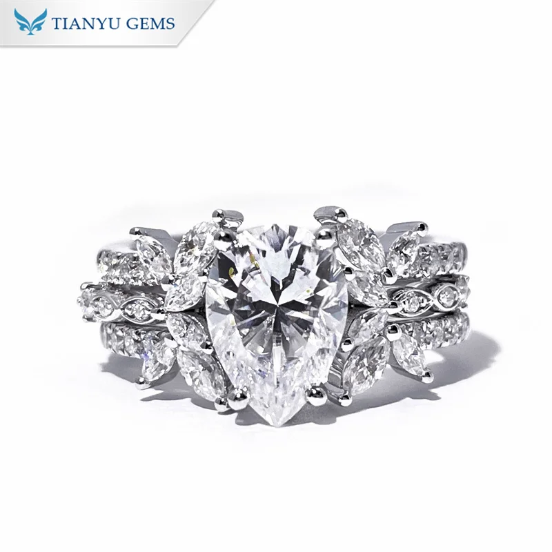 Tianyu gems 8.42g 14k white gold pear moissante diamond 7*10mm DEF VVS1 jewelry ring set for women