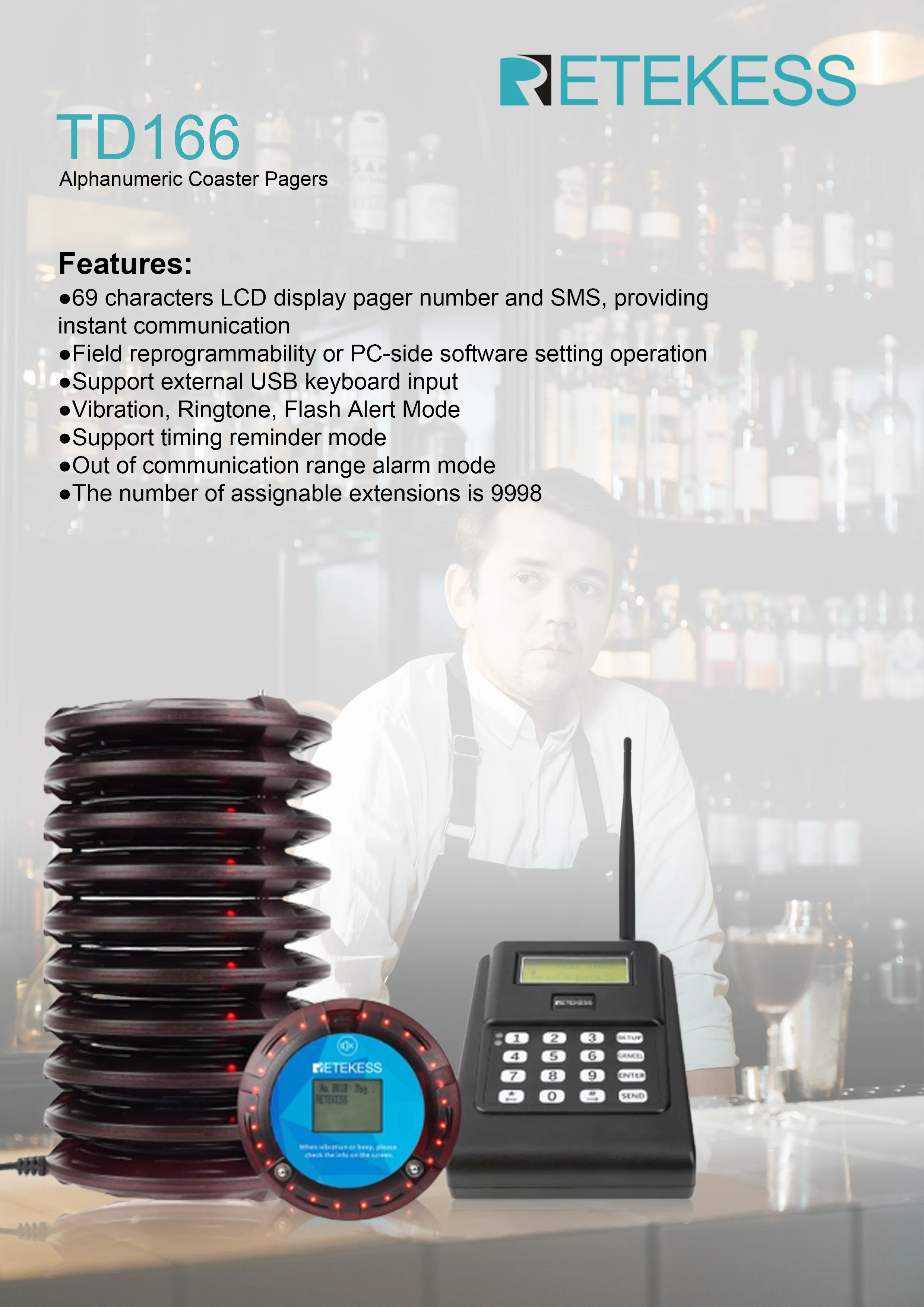 Long up to 5 km distance Wireless Smart Alphanumeric Coaster Pager System for Manufacturing & Warehouses Retekess TD166