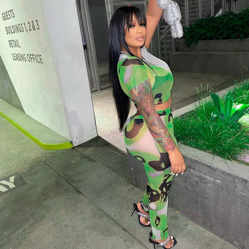 2022 Spring Clothings Stylish Women Tracksuit Short Sleeve Crop Top Printed Mesh 2 Piece Legging Set Women