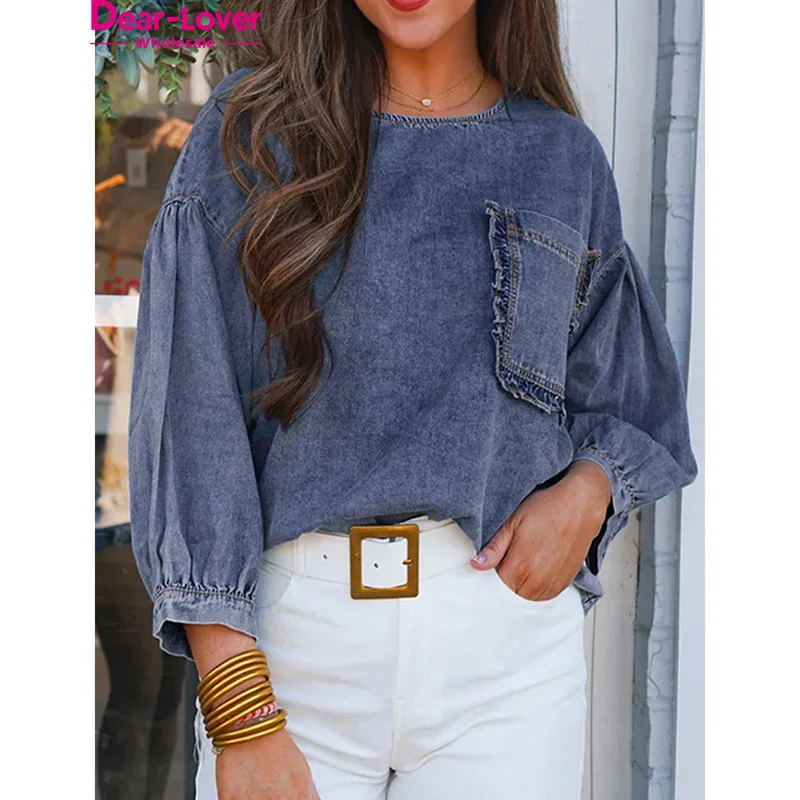 Dear-Lover Wholesale Blouses Elegant Women Three Quarter Sleeve Ruffled Patched Pocket Cotton Denim Blouse
