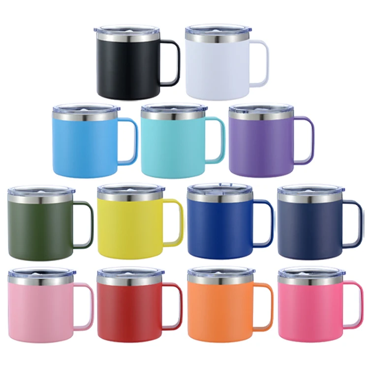 Custom logo powder coated  12oz 14 oz insulated 304 double wall stainless steel coffee mugs with handle and lids