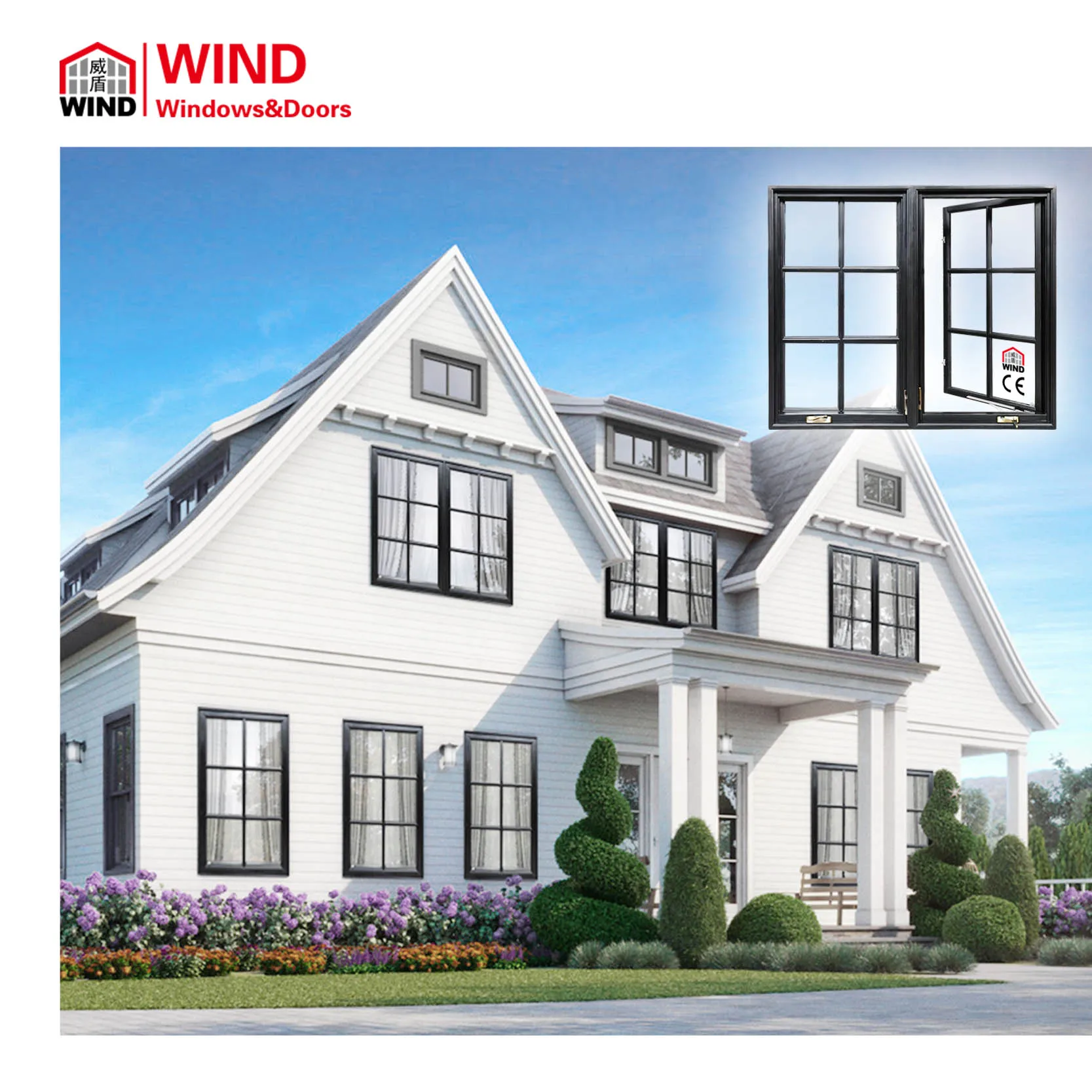 Wholesale American Style Double Glazing Aluminum Solid Wood Window Crank Out Casement Window with Grill Design and Mosquito Net