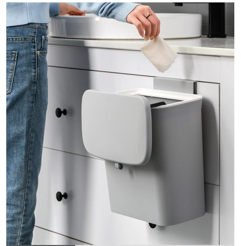 Durable Hook Type Trash Can With Lid Home Portable Kitchen Cabinet Door Hanging Waste Recycle Bin
