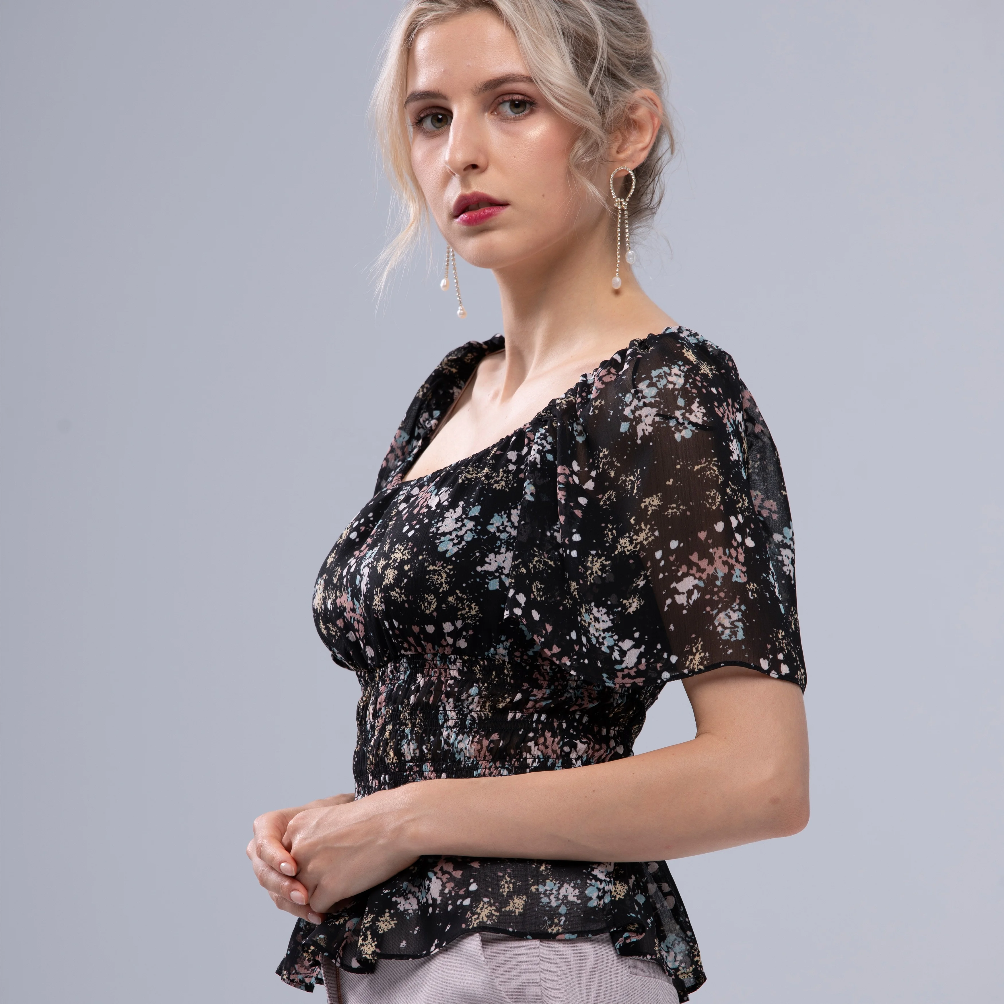 Ladies Trendy Casual Ruffle Sleeve Tops Women Fashion Chiffon Shirts Tops Blouse for Summer