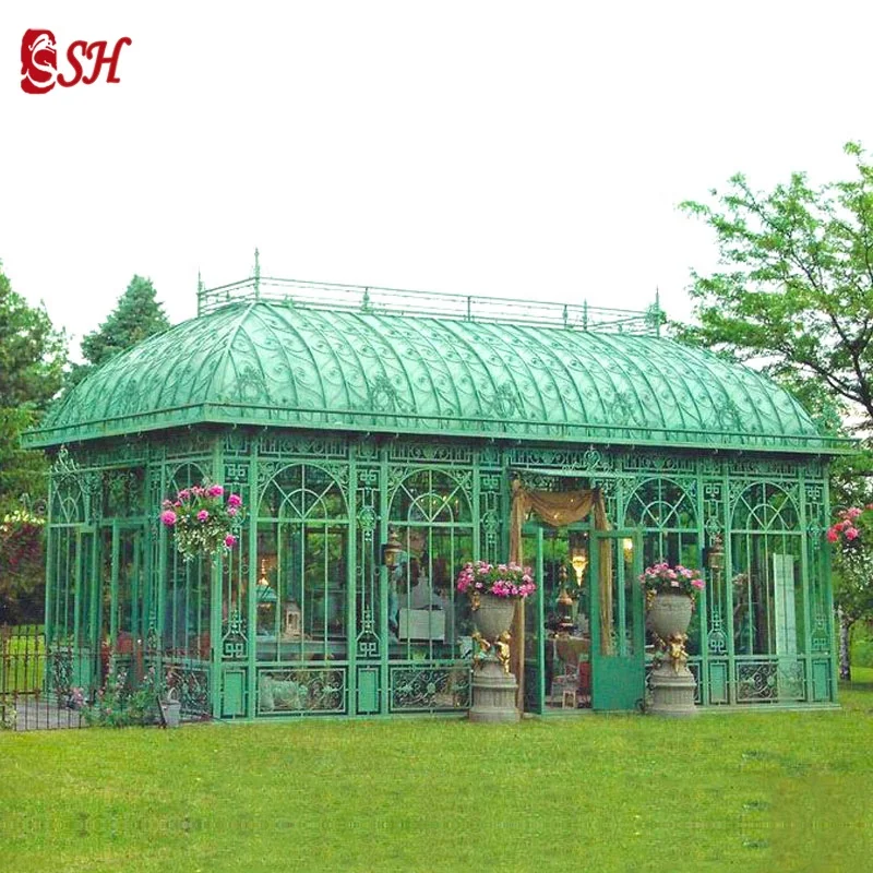 Luxury Outdoor Garden Large Size Wrought Iron Gazebo With Glass For Wedding Venues