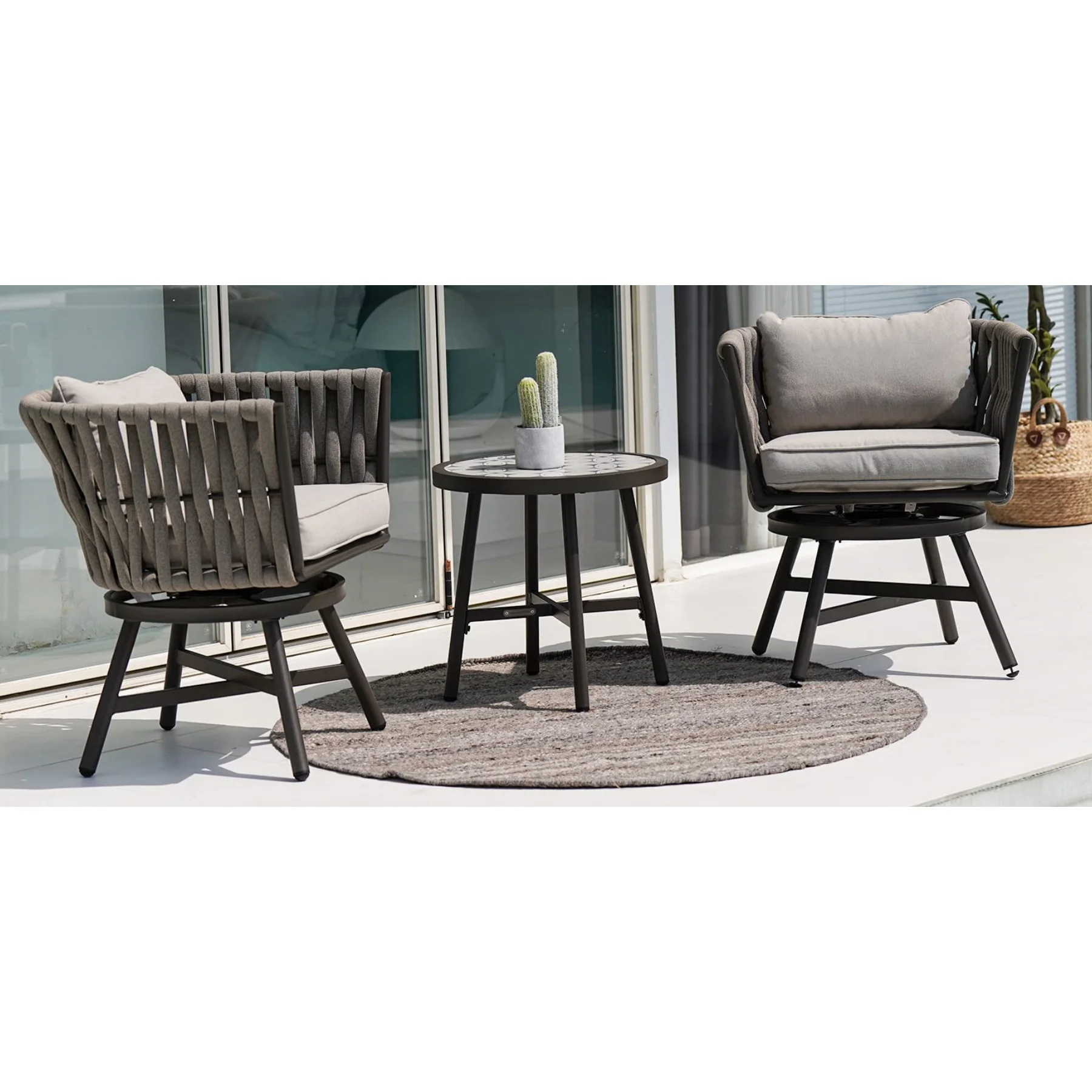 Bistro Chair Set of 3 Rattan Armchairs with Cushions and Round Side Table All-Weather Wicker for Garden Backyard Balcony