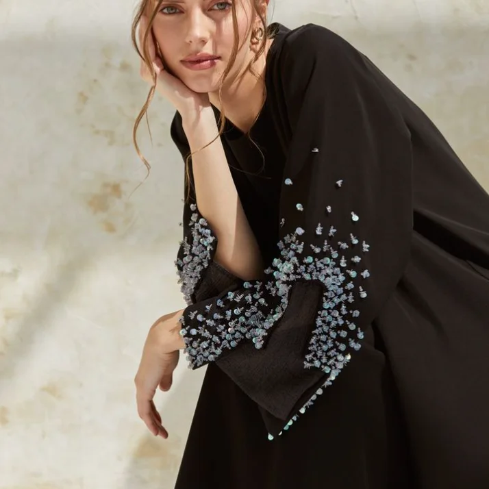 Custom 100% natural Jersey Fabric Black Eid Beads Sequins Embroidery Muslim Abaya Jalabiya For Women
