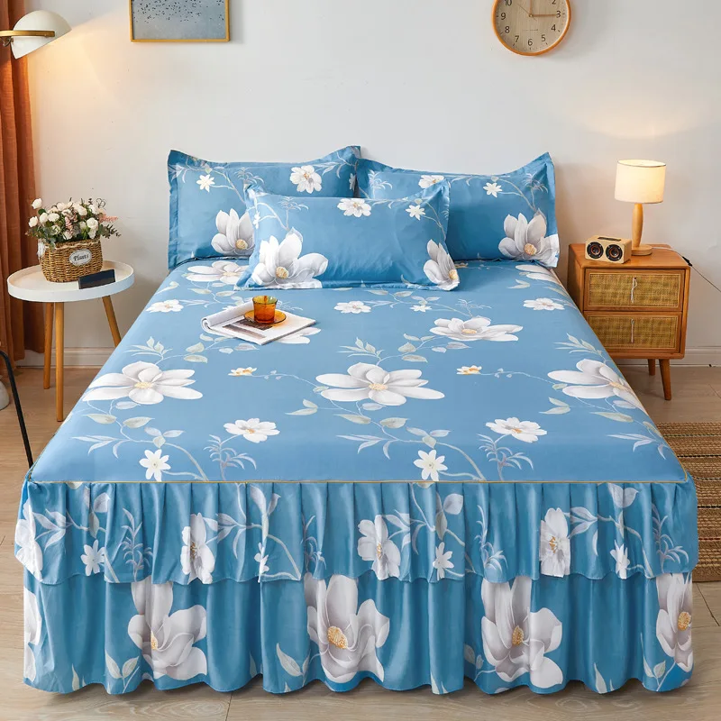 Hiqh Quality Bed Skirts Set Double Layer Bedspread Floral Printed Bed Sheet Bilateral Bed Skirt Bedding Bedsheet