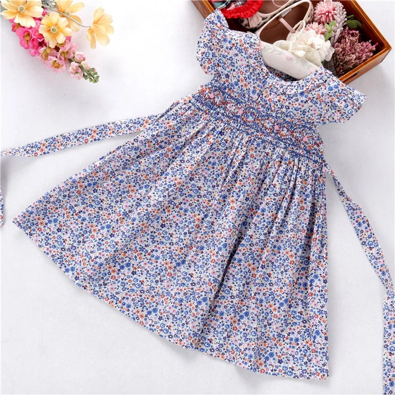 C06168 flower girl dresses baby clothes denim print children clothing pink flower summer floral ruffles wholesale kids outfit