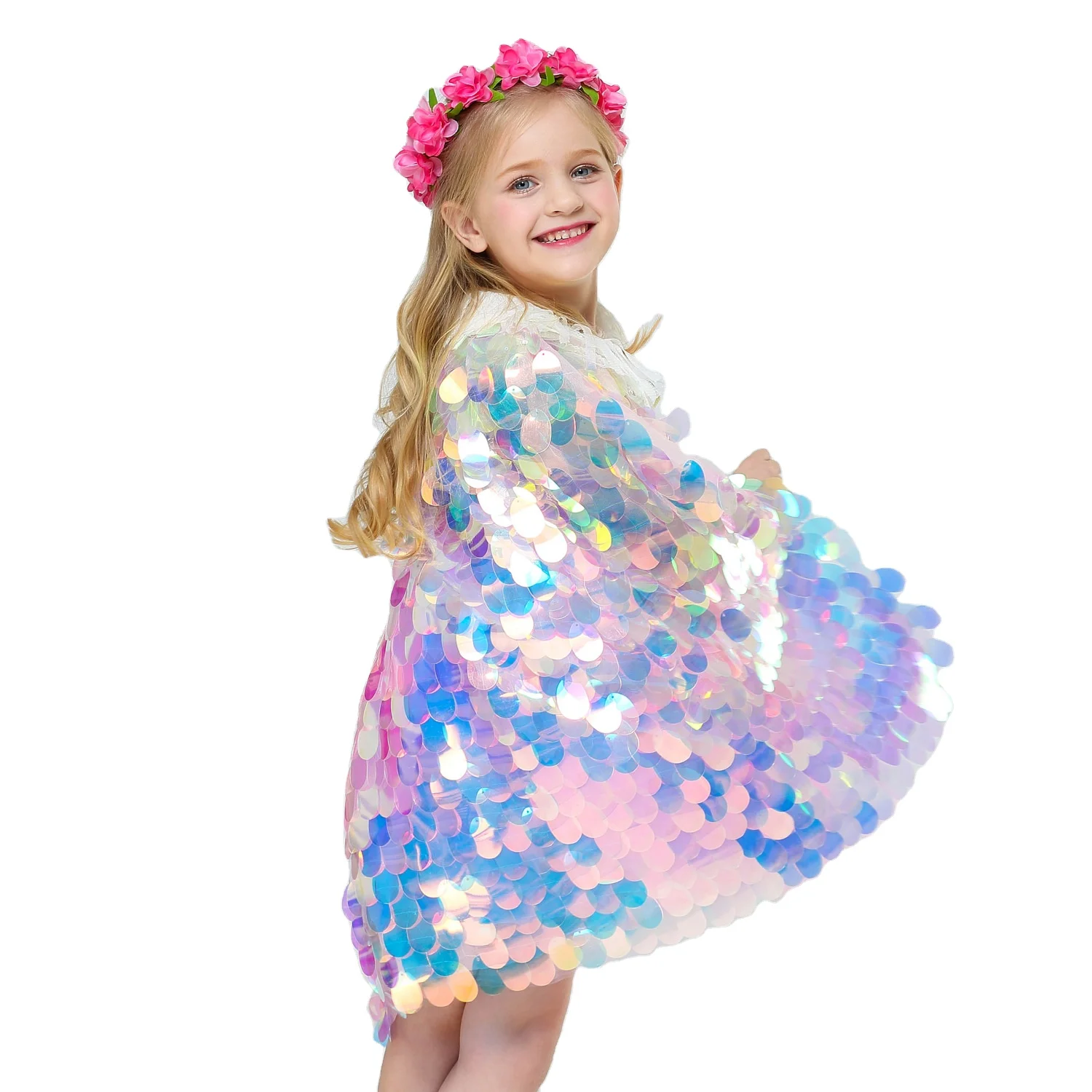Girl Mermaid Cloak Bling Sparkling Sequin Shining Cute Princess Sweet Cloak For Pageant Party