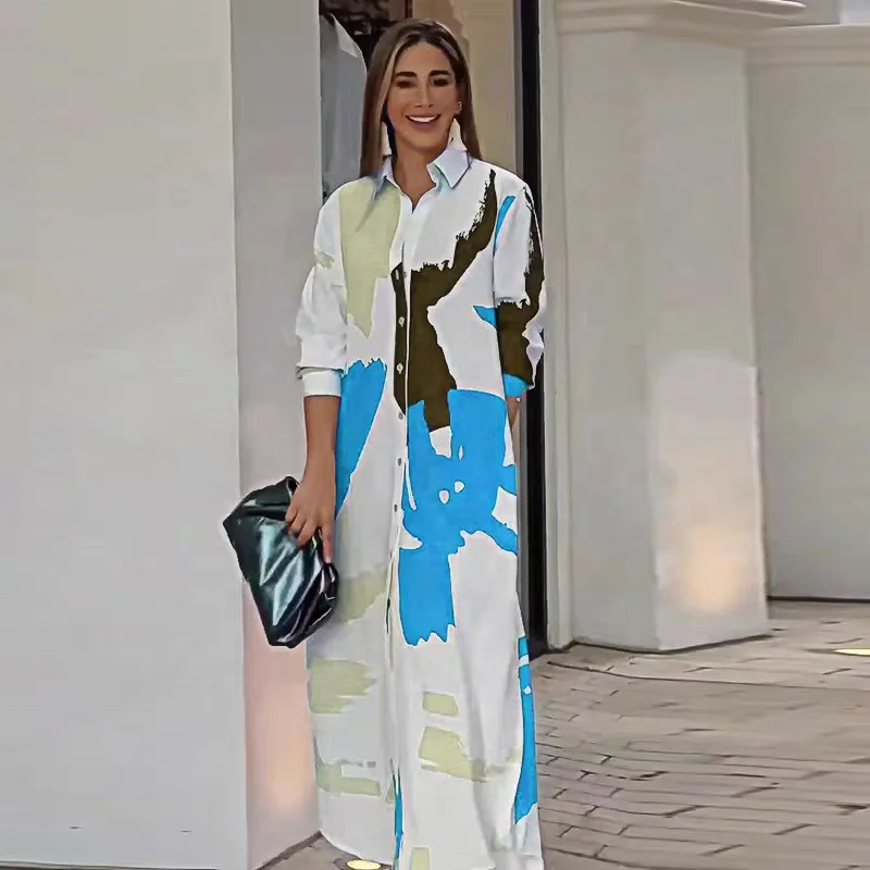 Casual Button-front V Neck Print Single-breasted Printed Split Long Sleeve Loose Shirt Women Maxi Dress Dresses