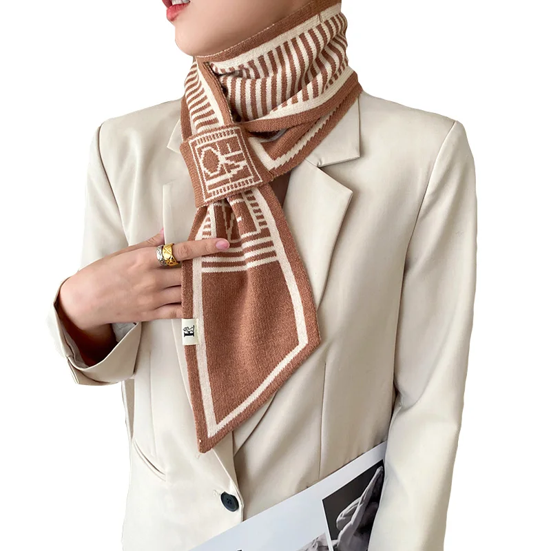 Новый дизайн, зимние весенние теплые трикотажные женские шарфы с узором в полоску и надписью, шарф со скошенными краями