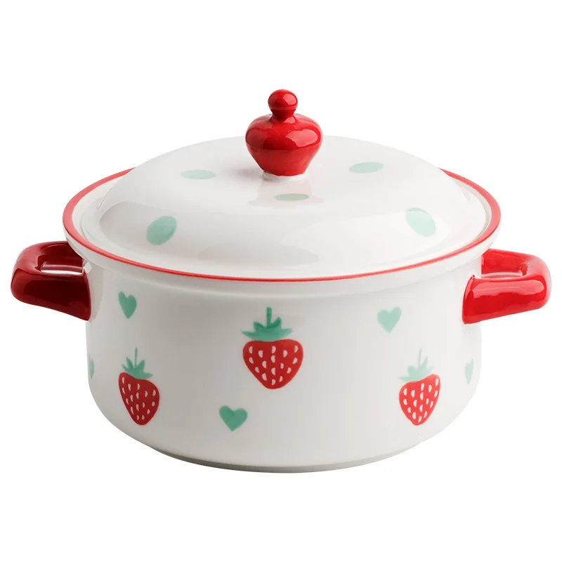 
Hand-painted strawberry two-ear bowl with lid household instant noodles bowl small fresh lovely soup bowl 