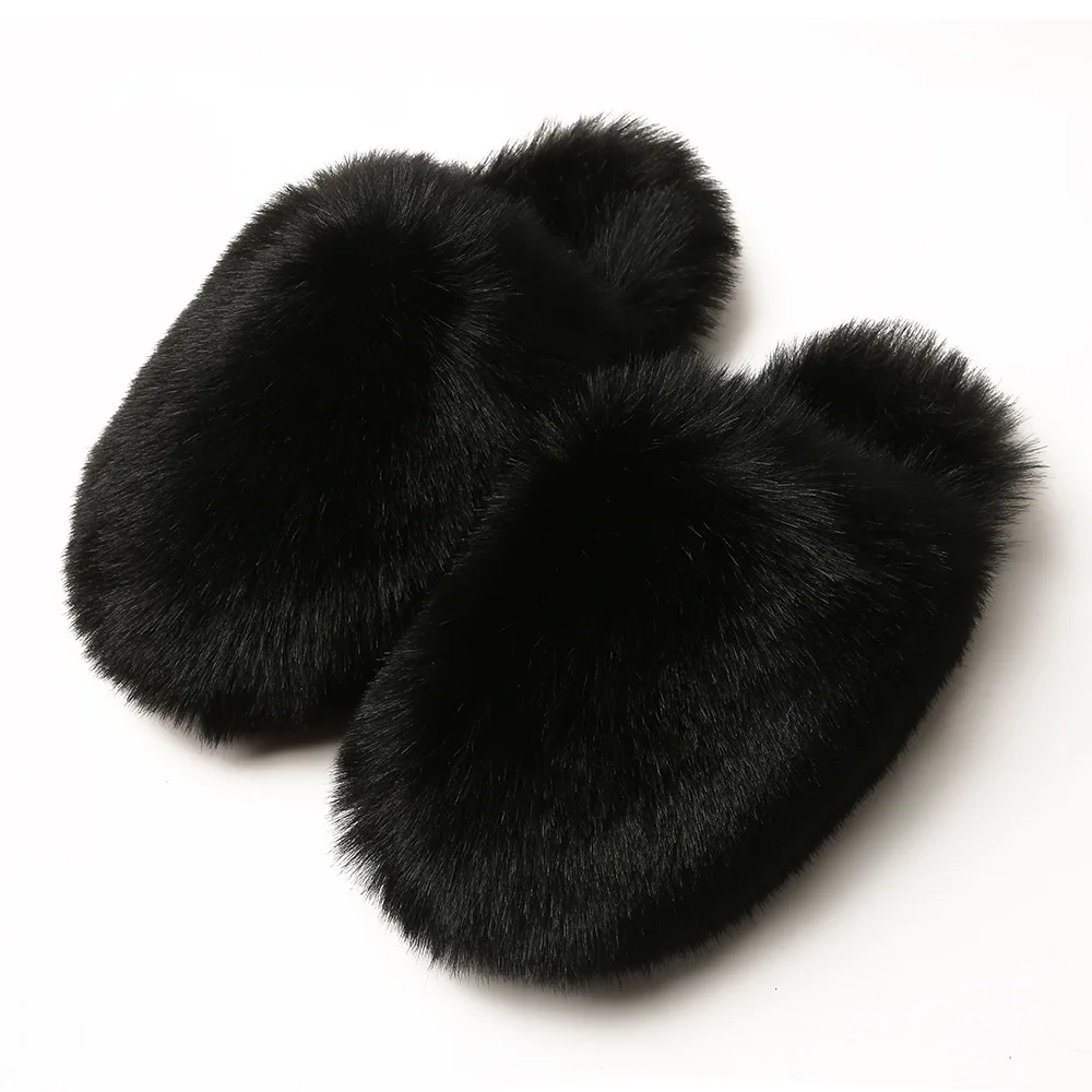 Wholesale fashion warm plush fluffy shoes winter faux fur house slippers women