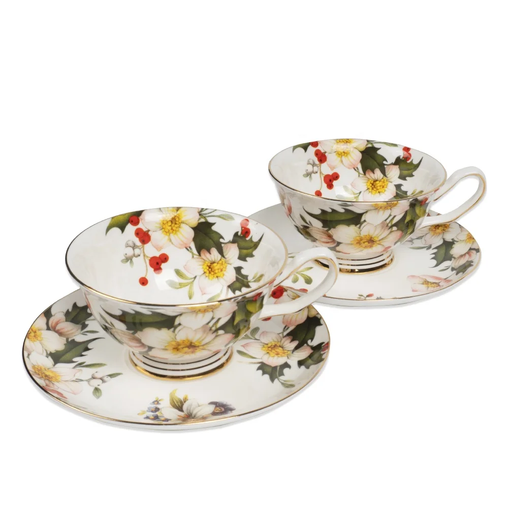Пара из костяного фарфора чашки и блюдца кофе Cup-6.8oz королевская серия красивые цветы * 2 комплекта