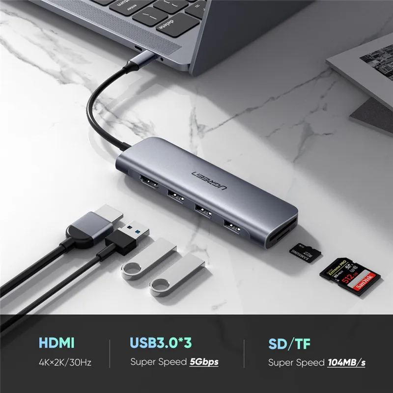 Ugreen портативный 6in1 Mac Type C 4K USB 3 0 концентратор ридер для док-станции Samsung MacBook Pro Dell хром ноутбук