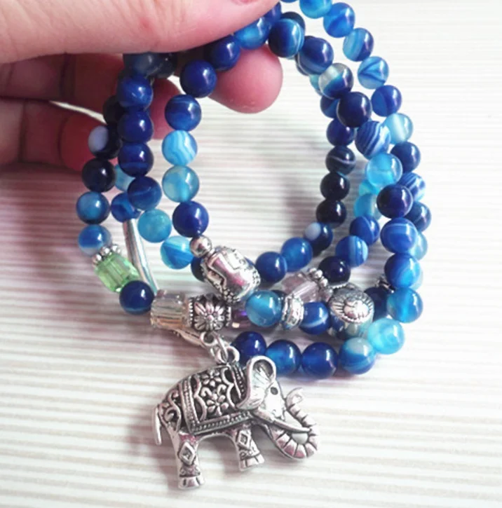 
Special Gift Blue Agate, Crystal, Elephant And Beaded Bracelet 