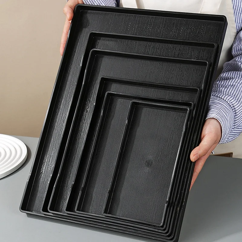 Black Square Realistic Wood Grain Kitchen Table Candle Holder Coffee Table Snack Plate Decor Butler Ottoman Plastic Serving Tray
