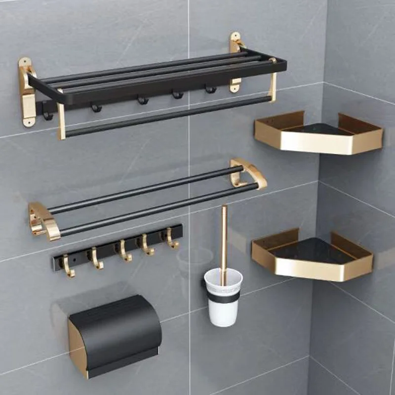 Longstar Matte Black Round Bars Double Wall Towel Rack Bathroom With No Drilling With Accessories Gold Bath Towel Rack Shelf