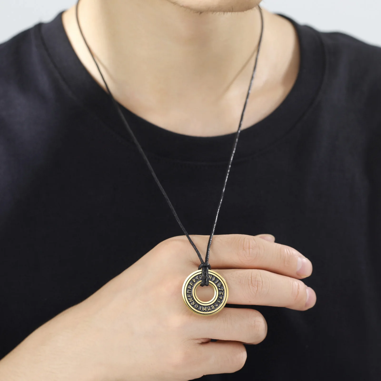 Men Vintage Titanium Steel Ring Pendant Leather Cord Necklace